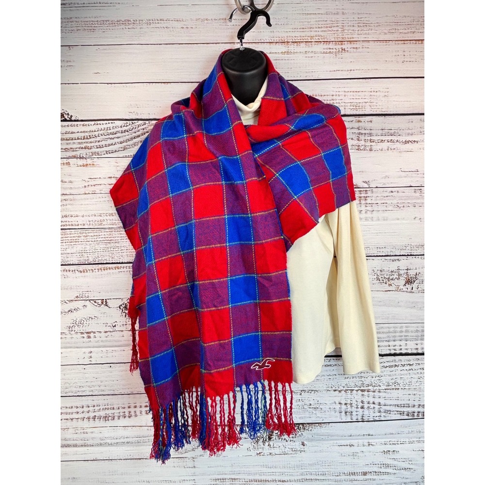 Hollister Buffalo Plaid Scarf Red Blue Flannel Checkered Fringe Logo Soft‎ Big